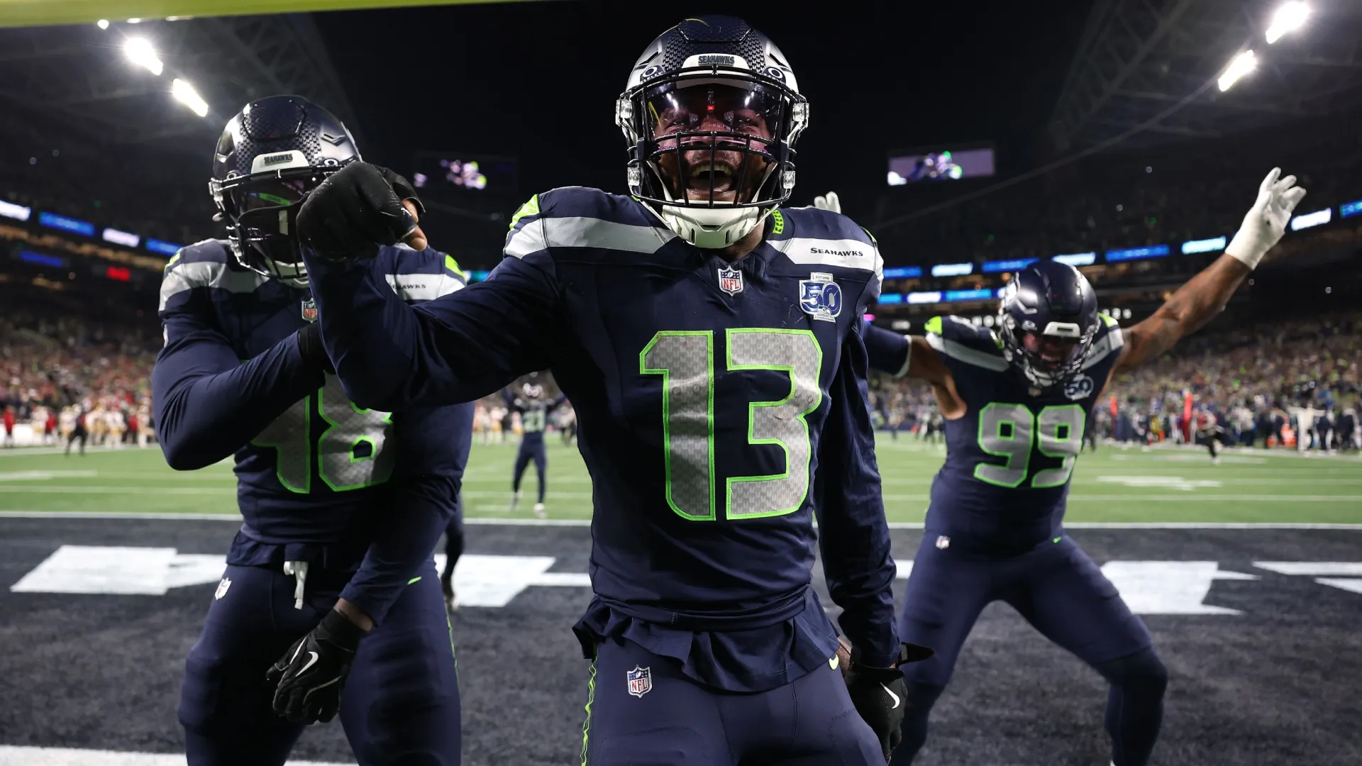 Ernest Jones IV #13 of the Seattle Seahawks celebrates an interception in 2026 (Source: Sean M. Haffey/Getty Images)