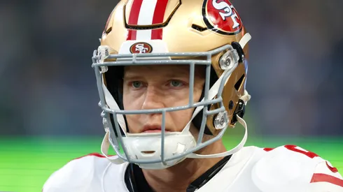 Christian McCaffrey of the 49ers looks on prior to the NFC Divisional Playoff game in 2026.