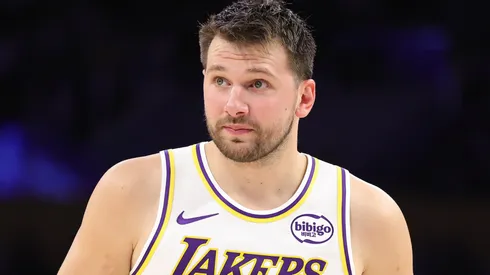 Luka Doncic #77 of the Los Angeles Lakers on court.