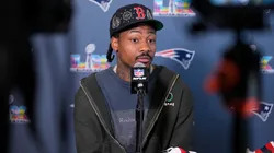 Stefon Diggs #8 of the New England Patriots addresses the media.