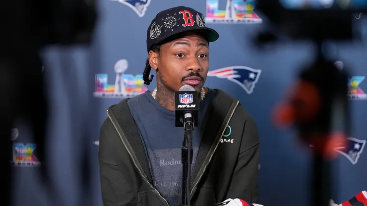 Stefon Diggs #8 of the New England Patriots addresses the media.