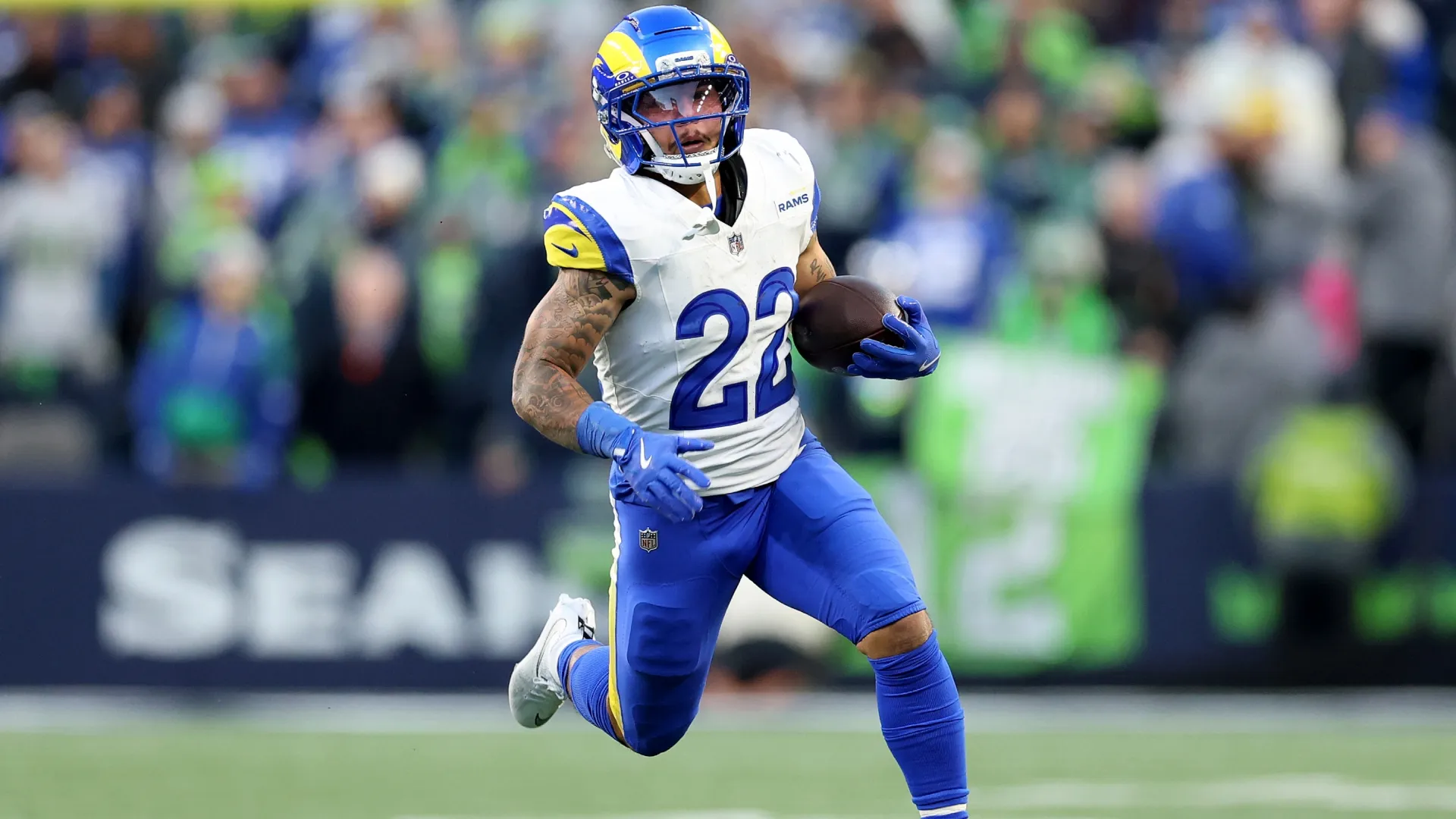 Blake Corum #22 of the Los Angeles Rams in 2026 (Source: Steph Chambers/Getty Images)
