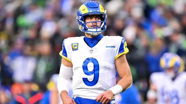 Matthew Stafford #9 of the Los Angeles Rams looks in 2026.
