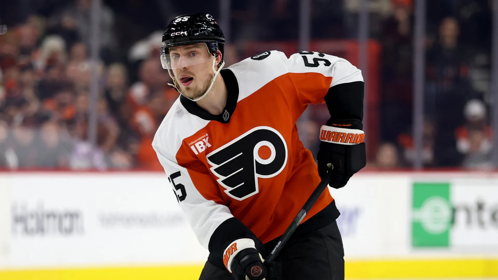 Rasmus Ristolainen #55 of the Flyers controls the puck. Emilee Chinn/Getty Images