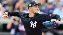 Elmer Rodríguez #76 of the Yankees delivers a pitch in the third inning.
