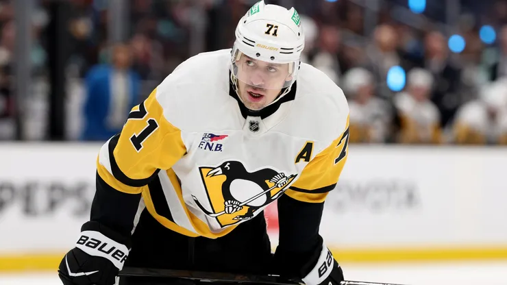 Evgeni Malkin #71 of the Pittsburgh Penguins looks on against the Seattle Kraken in 2026.