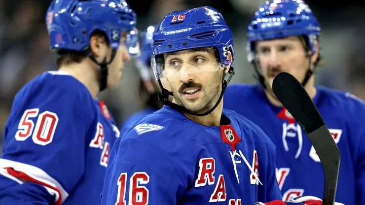 Vincent Trocheck #16 of the New York Rangers looks on during the game against the Colorado Avalanche in 2025.