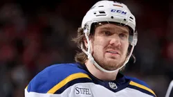 Robert Thomas of the St. Louis Blues looks on during the first period against the New Jersey Devils in 2024.