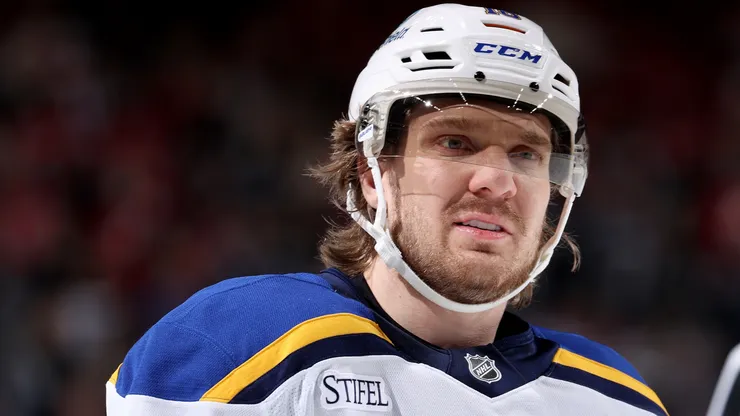 Robert Thomas of the St. Louis Blues looks on during the first period against the New Jersey Devils in 2024.
