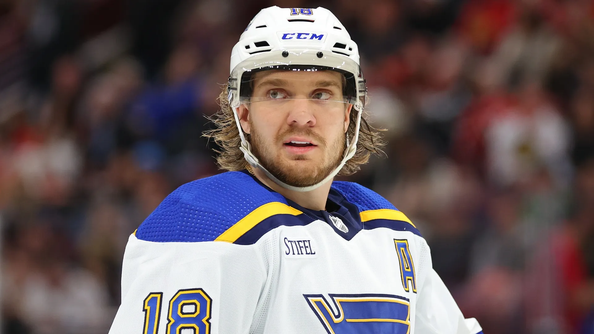 Robert Thomas #18 of the St. Louis Blues in 2023 (Source: Michael Reaves/Getty Images)