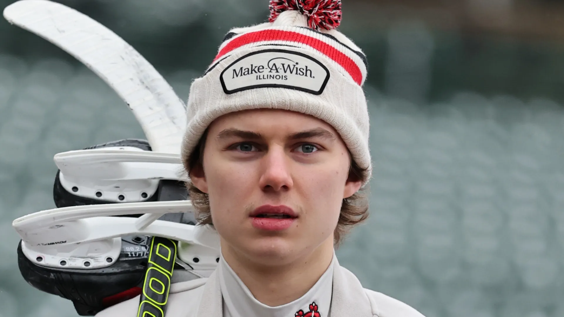 Connor Bedard arrives for a game