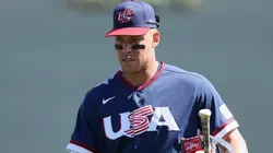 Aaron Judge #99 of Team United States walks to the dugout before the MLB exhibition game.