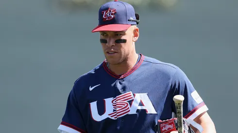 Aaron Judge #99 of Team United States walks to the dugout before the MLB exhibition game.