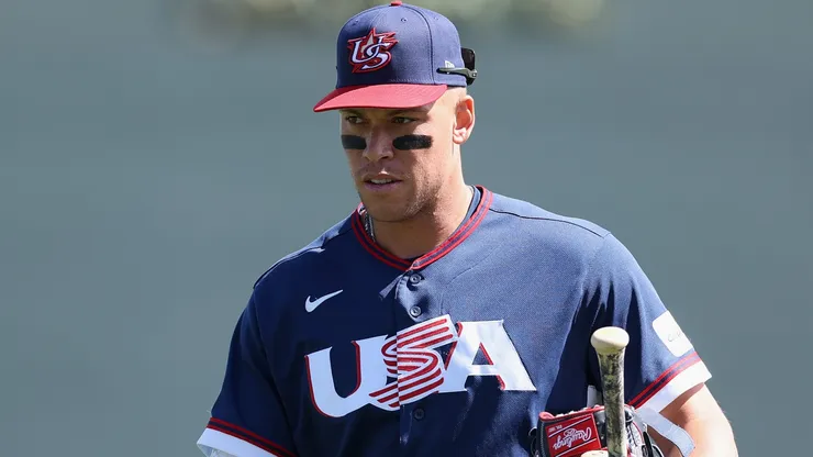 Aaron Judge #99 of Team United States walks to the dugout before the MLB exhibition game.