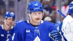 Bobby McMann #74 of the Maple Leafs celebrates his first period goal.