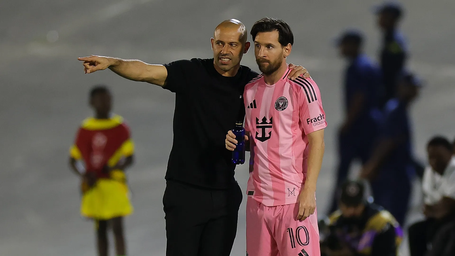 Javier Mascherano and Lionel Messi during an Inter Miami game.