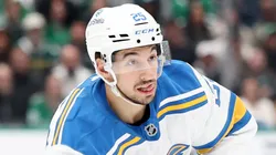 Jordan Kyrou #25 of the St. Louis Blues controls the puck.