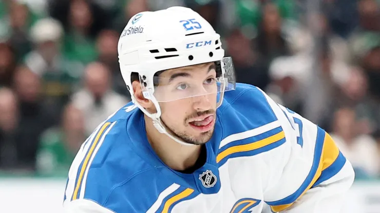 Jordan Kyrou #25 of the St. Louis Blues controls the puck.