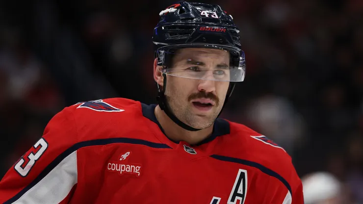 Tom Wilson #43 of the Washington Capitals looks on against the Edmonton Oilers.