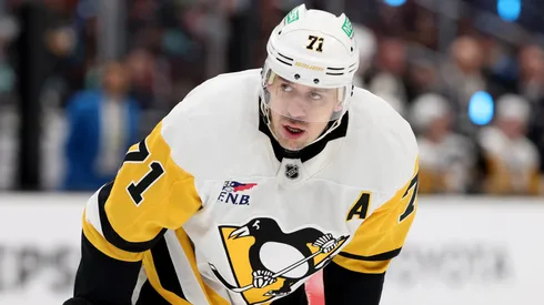 Evgeni Malkin #71 of the Penguins looks on against the Kraken.