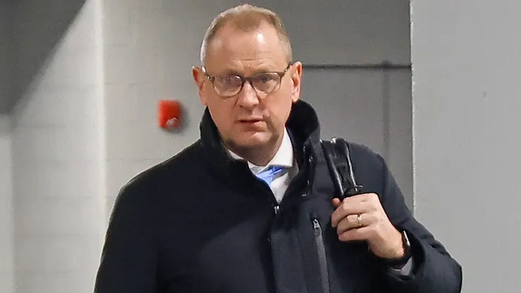 General Manager Brad Treliving of the Toronto Maple Leafs arrives for the game.