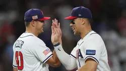 Aaron Judge celebrates with teammate Brad Keller.