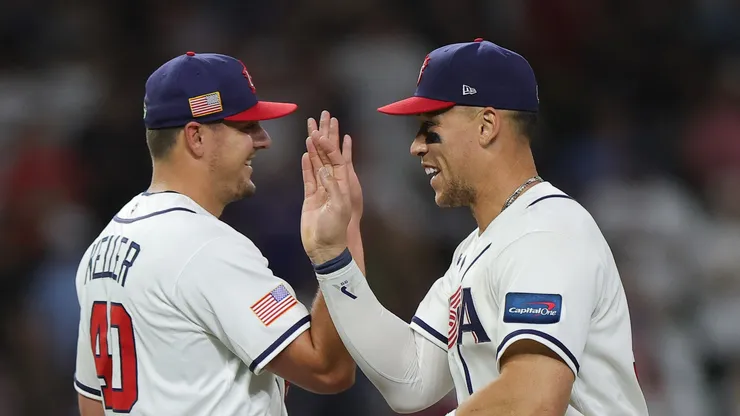 Aaron Judge celebrates with teammate Brad Keller.