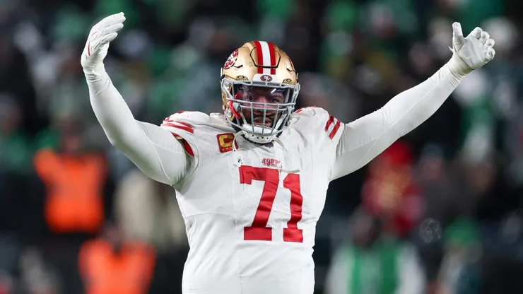 Trent Williams #71 of the San Francisco 49ers celebrates after his team's 23-19 win in 2026.