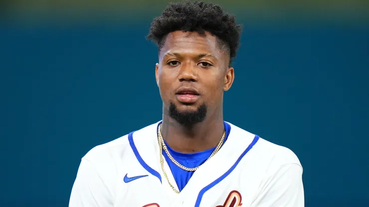 Ronald Acuña Jr. #21 of Team Venezuela looks on prior to a 2026 World Baseball Classic.