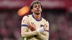 Lamine Yamal of Barcelona celebrates scoring his team's first goal during the LaLiga EA Sports match in 2026.