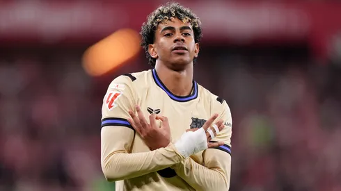 Lamine Yamal of Barcelona celebrates scoring his team's first goal during the LaLiga EA Sports match in 2026.