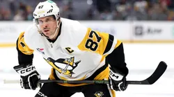 Sidney Crosby of the Penguins looks on during his 1,400th career NHL game in 2026.
