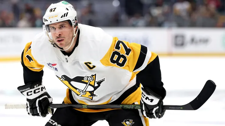 Sidney Crosby of the Penguins looks on during his 1,400th career NHL game in 2026.