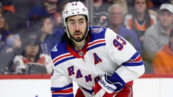 Mika Zibanejad #93 of the New York Rangers controls the puck.