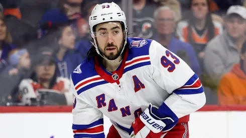 Mika Zibanejad #93 of the New York Rangers controls the puck.