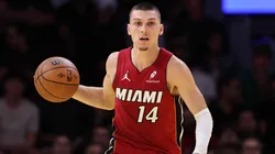 Tyler Herro #14 of the Miami Heat dribbles at Kaseya Center in 2026.