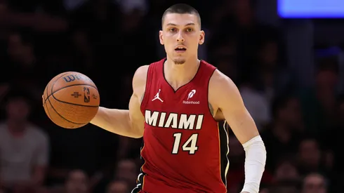 Tyler Herro #14 of the Miami Heat dribbles at Kaseya Center in 2026.
