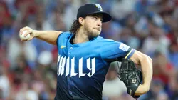 Aaron Nola #27 of the Phillies pitches during the second inning against the Twins.