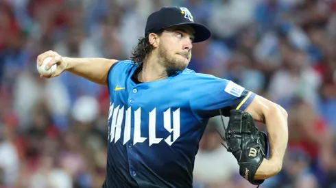 Aaron Nola #27 of the Phillies pitches during the second inning against the Twins.