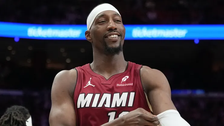 Bam Adebayo #13 of the Miami Heat smiles as he enters the game in 2026.