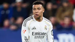 Kylian Mbappe of Real Madrid reacts during the LaLiga EA Sports match against CA Osasuna.