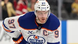 Connor McDavid #97 of the Edmonton Oilers waits for a faceoff.