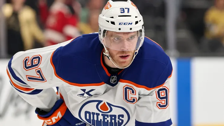 Connor McDavid #97 of the Edmonton Oilers waits for a faceoff.