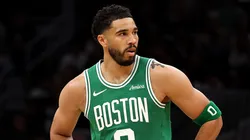 Jayson Tatum #0 of the Boston Celtics looks on.