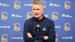 Head Coach Steve Kerr of the Golden State Warriors talks to the media.