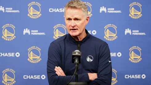Head Coach Steve Kerr of the Golden State Warriors talks to the media.
