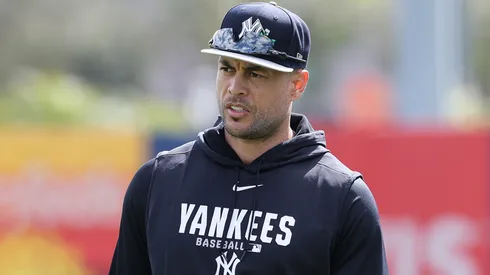 Giancarlo Stanton #27 of the New York Yankees warms up during team workouts.
