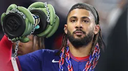 Fernando Tatis Jr. #23 of the Dominican Republic reacts after hitting a grand slam.