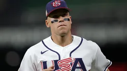 Aaron Judge of Team USA looks on in the first inning against Team Italy during the 2026 World Baseball Classic.