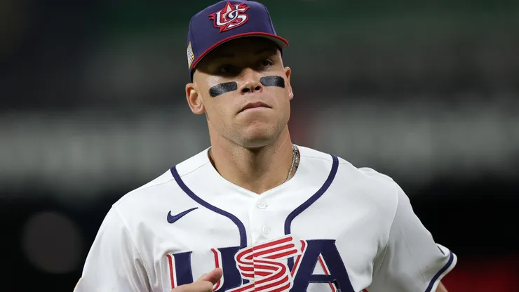 Aaron Judge of Team USA looks on in the first inning against Team Italy during the 2026 World Baseball Classic.